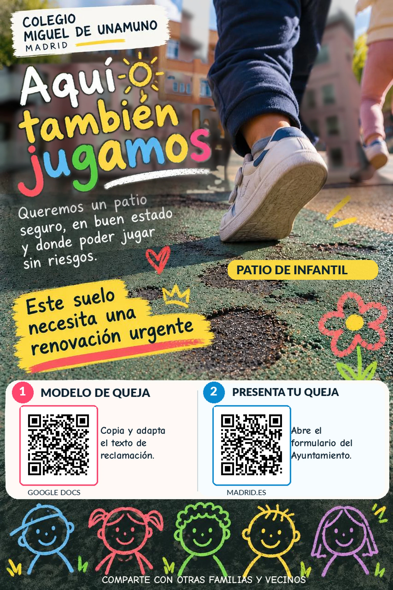 Detalle del cartel de la campaña: una zapatilla infantil sobre el suelo del patio, con el edificio rosa desenfocado al fondo.